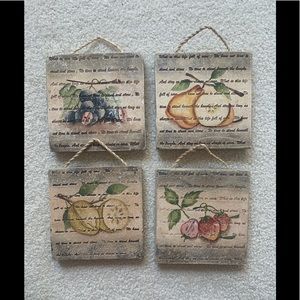 Set of 4 clay wall plaques, grapes, lemon,cherry & pear 5x5